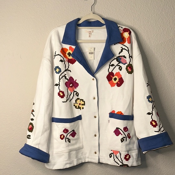 Anthropologie Jackets & Blazers - Anthropologie White Floral Embroidered Jacket with Blue Trim